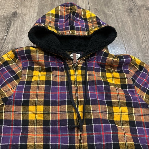 LL Bean Women's Large Shacket Scotch Plaid Fleece Lined Hoodie Purple Flannel - Picture 3 of 12